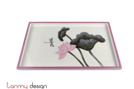 White rectangle lacquer tray, pink border hand painted with lotus 18*30*H2cm